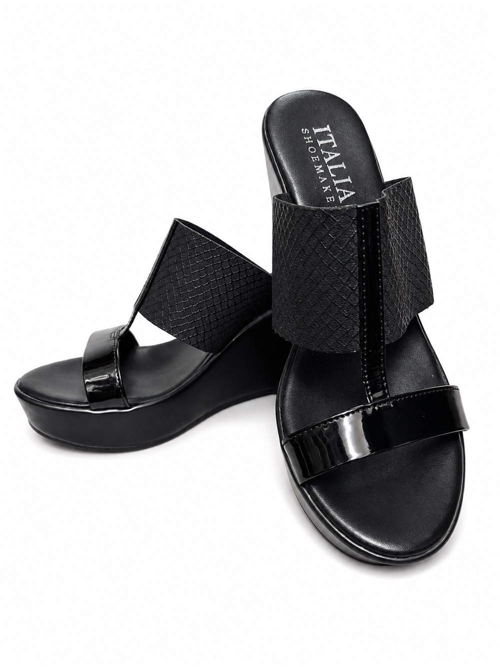 Italian Shoemakers Black Patent and Matte Platform Wedge Slides